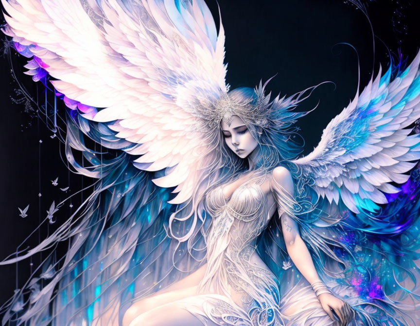 Ethereal figure with luminous wings in mystical setting