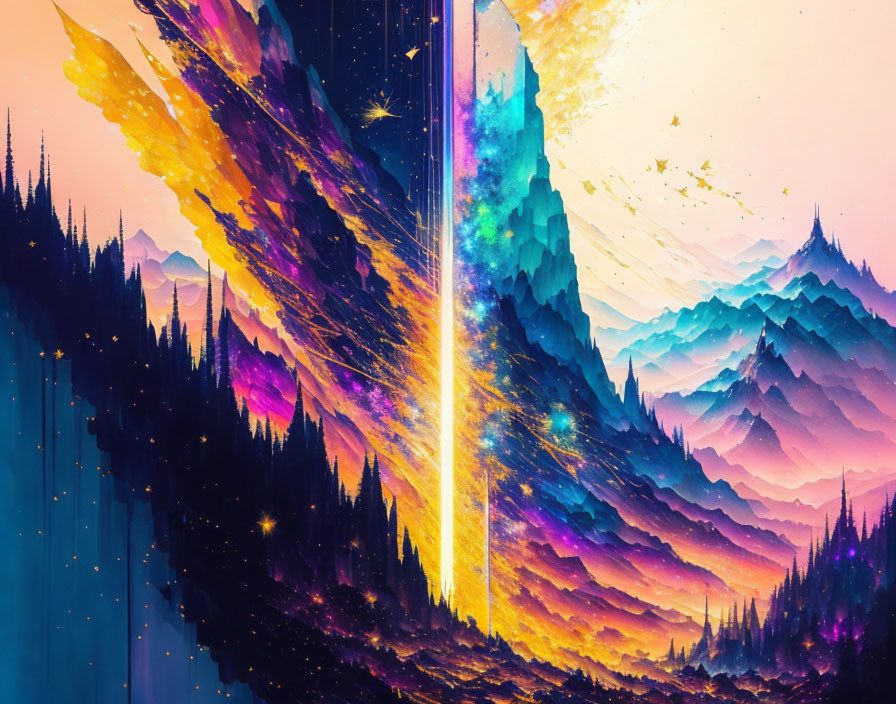 Colorful Mountains and Celestial Sky in Mystical Digital Art