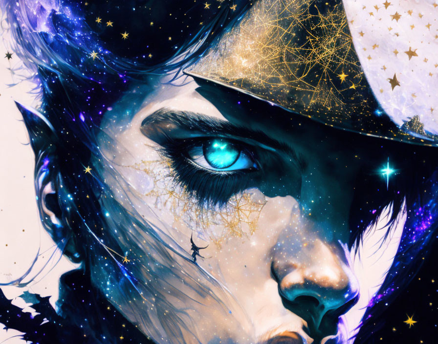 Cosmic Digital Artwork: Person with Piercing Blue Eye in Starry Hat