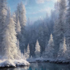 Tranquil snowy pine trees by blue lake in sunlight