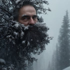 Man with Graying Beard Peering Through Frost-Covered Branches