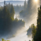 Sunlit suspension bridge over misty river with lush greenery and hills