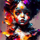 Abstract digital painting: Vibrant girl with large eyes and colorful geometric shapes.