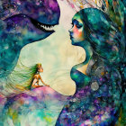 Colorful artwork featuring woman and creature with whimsical hair in water