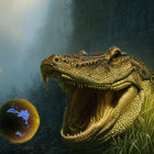 Large crocodile with open mouth and person in blue shirt riding bubble below jaw.