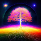 Colorful Cosmic Tree with Planets and Stars in Otherworldly Landscape