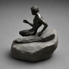 Digital art: Black, glossy muscular man seated on grey stone-like structure