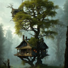 Enchanted forest treehouse in misty setting