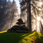 Sunlit misty forest scene with stone cairn and tall trees casting shadows