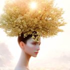 Tranquil woman with blooming tree hair under sun in cloudy sky