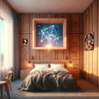 Rustic bedroom with wooden walls, large bed, starry picture, lamp, window, and