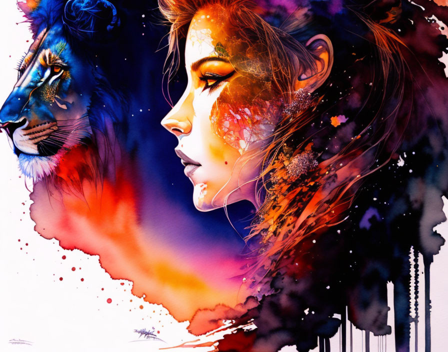 Colorful Watercolor Artwork: Woman's Face and Lion Profile Merge on Abstract Background