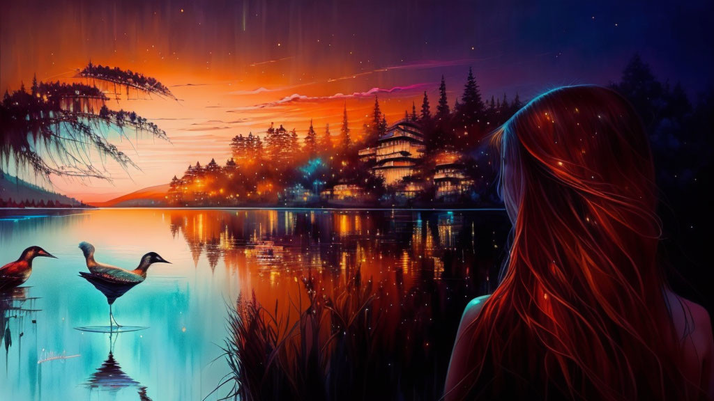 Woman admires sunset over lake with birds and village in serene scene
