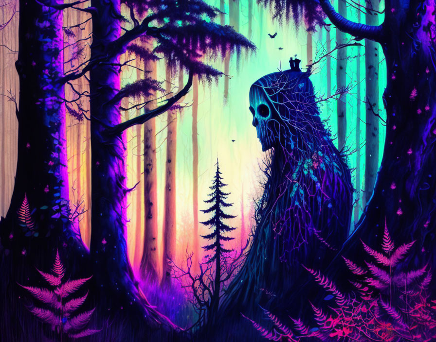 Fantasy forest with neon hues, skull, spider webs & mysterious creature