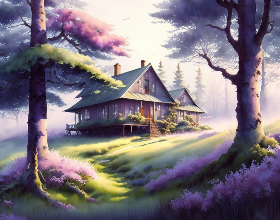 Tranquil landscape with house, trees, purple flowers, and fog