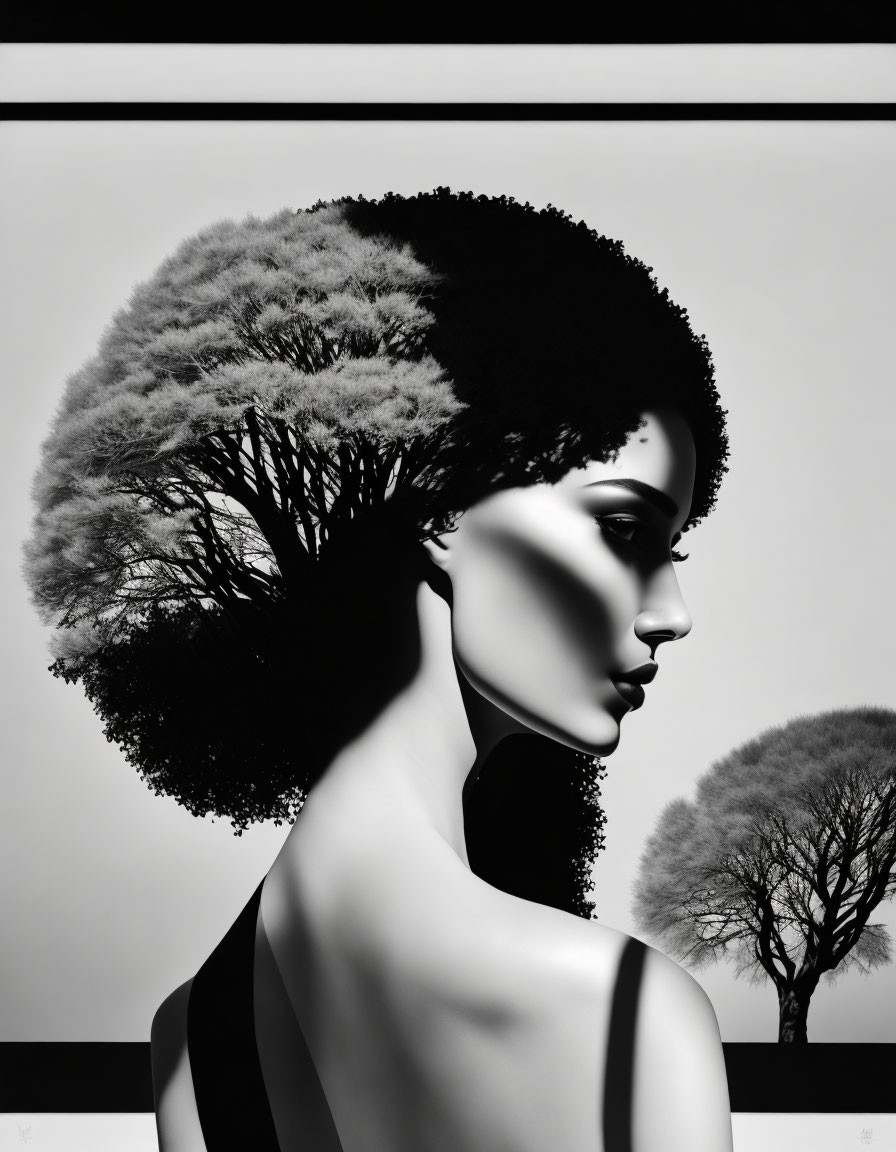 Monochrome profile silhouette with afro blending into tree background