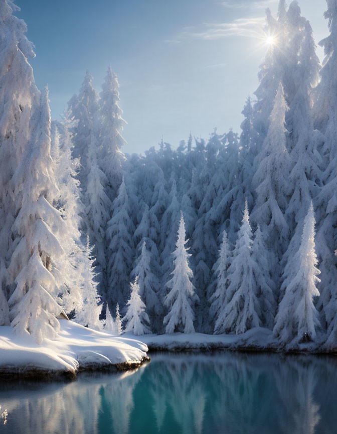 Tranquil snowy pine trees by blue lake in sunlight