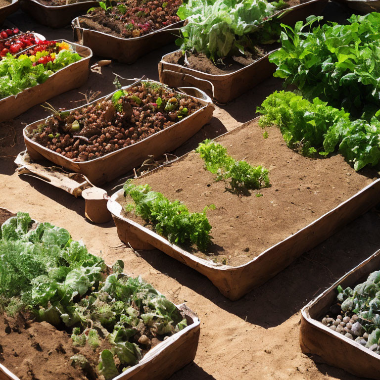 Vegetable and plant-filled raised garden beds in sunlight