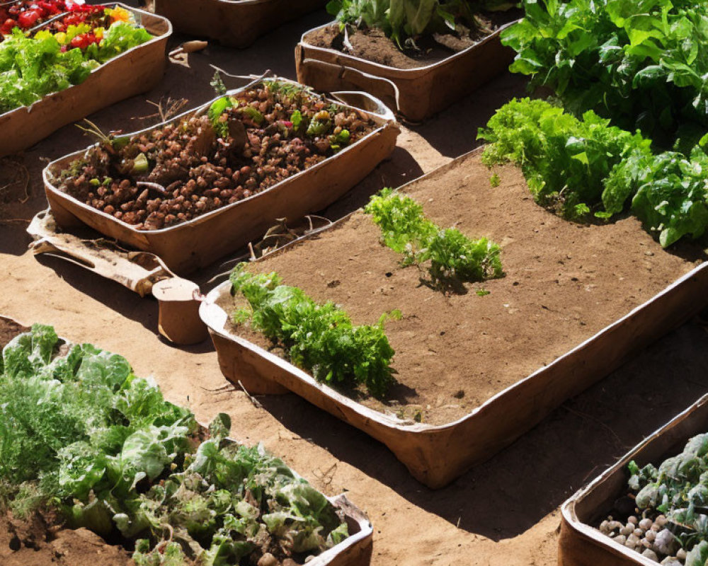 Vegetable and plant-filled raised garden beds in sunlight