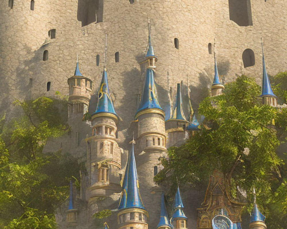 Towering fairytale castle with blue spired turrets in lush greenery