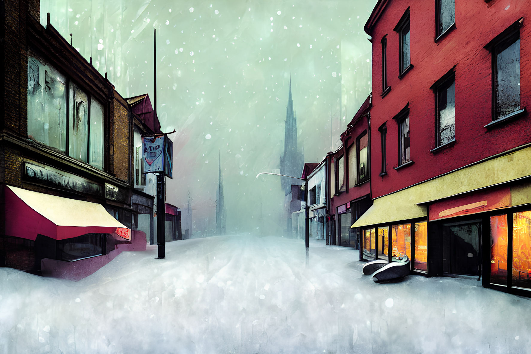 Snowy deserted street with colorful buildings and glowing storefronts