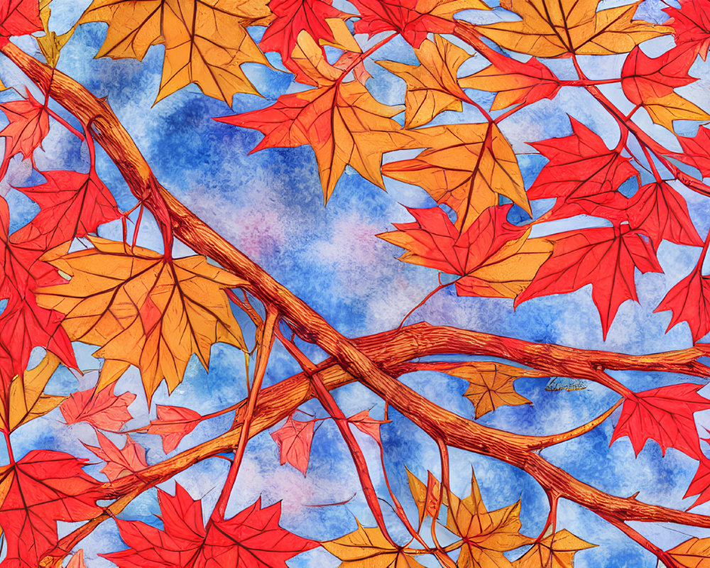 Detailed red maple leaves and branches on textured blue background