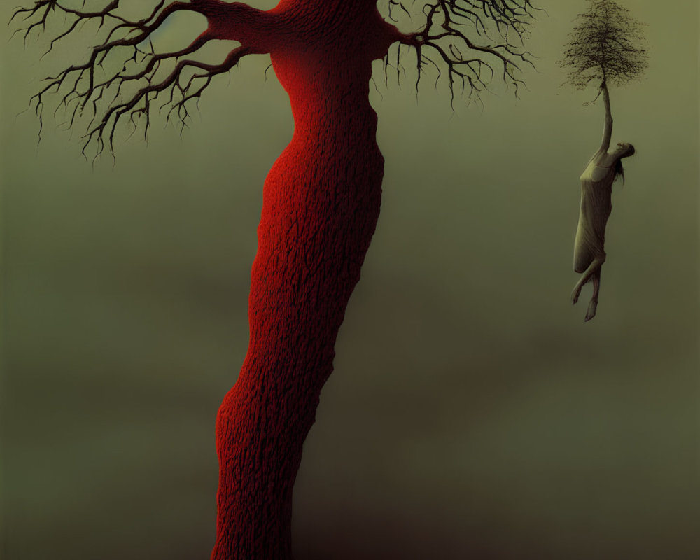 Surreal red tree trunk with merged figure and floating withered tree