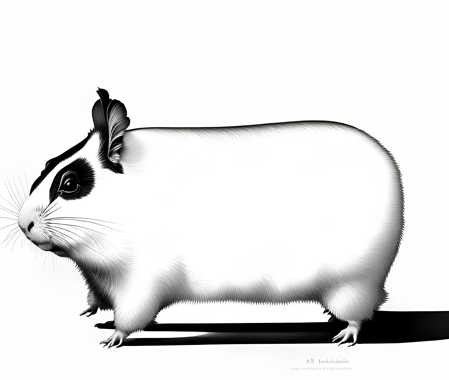 Stylized black and white illustration of a guinea pig with exaggerated proportions