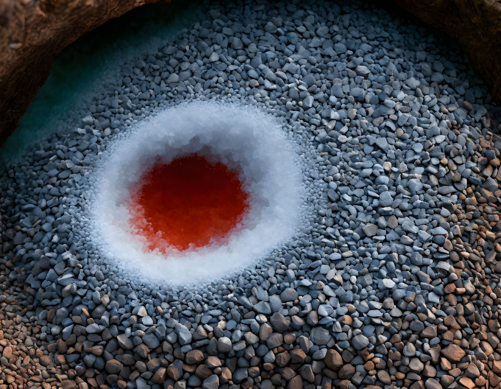 Colorful aerial view of geological formation with red center, white salt layer, and blue/brown rocks