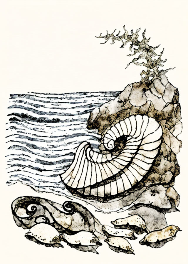 Seaside ink drawing with nautilus shell, waves, rocks, and tree