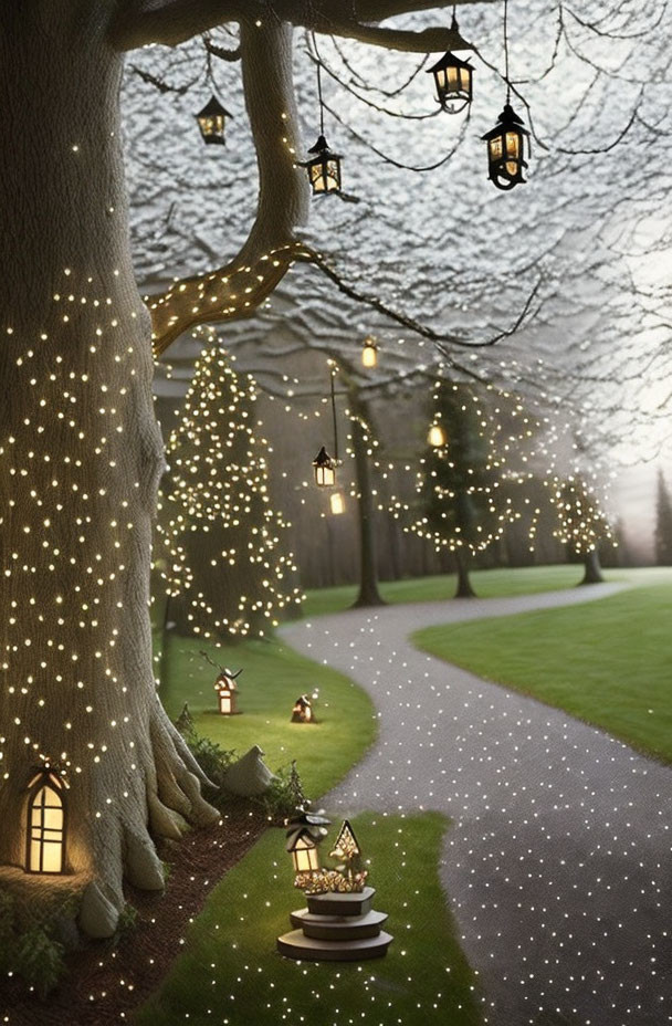 Enchanting night scene with illuminated tree and lantern-lit pathway