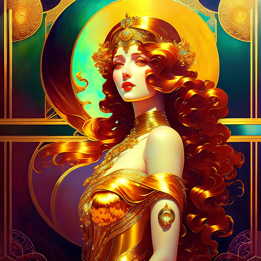 Stylized Woman with Curly Red Hair and Golden Jewelry on Circular Background