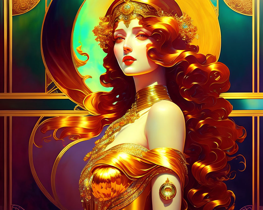 Stylized Woman with Curly Red Hair and Golden Jewelry on Circular Background