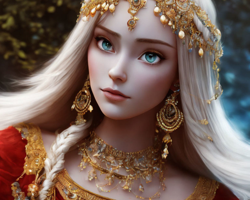 Detailed digital portrait of a woman with piercing blue eyes, adorned in gold jewelry and a red garment.