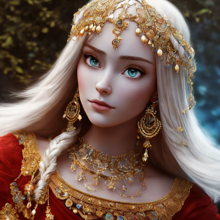 Detailed digital portrait of a woman with piercing blue eyes, adorned in gold jewelry and a red garment.