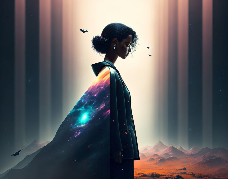 Silhouette of woman in galaxy coat admiring surreal sunset landscape