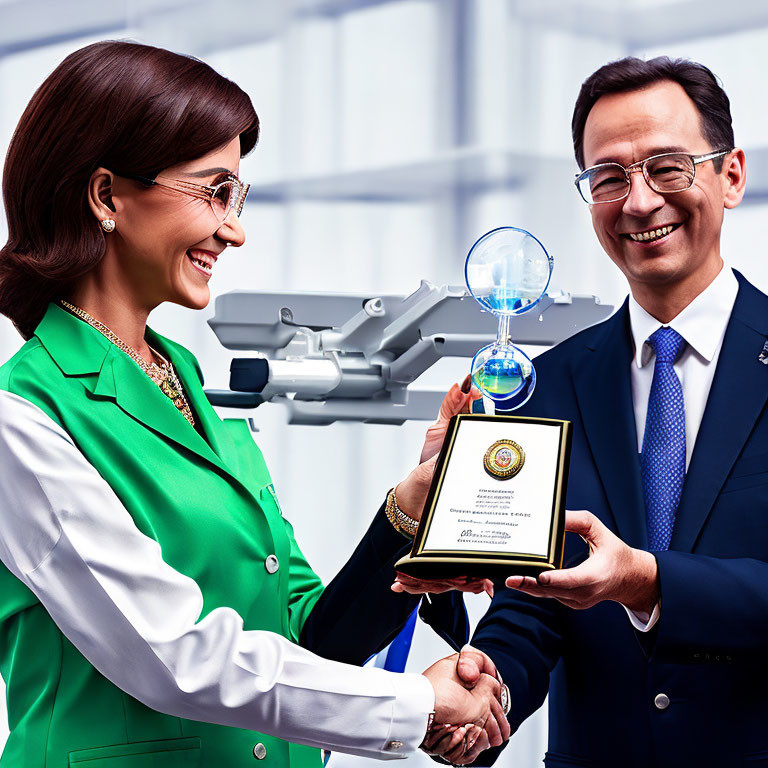 Smiling professionals handshake with award and robotic arm