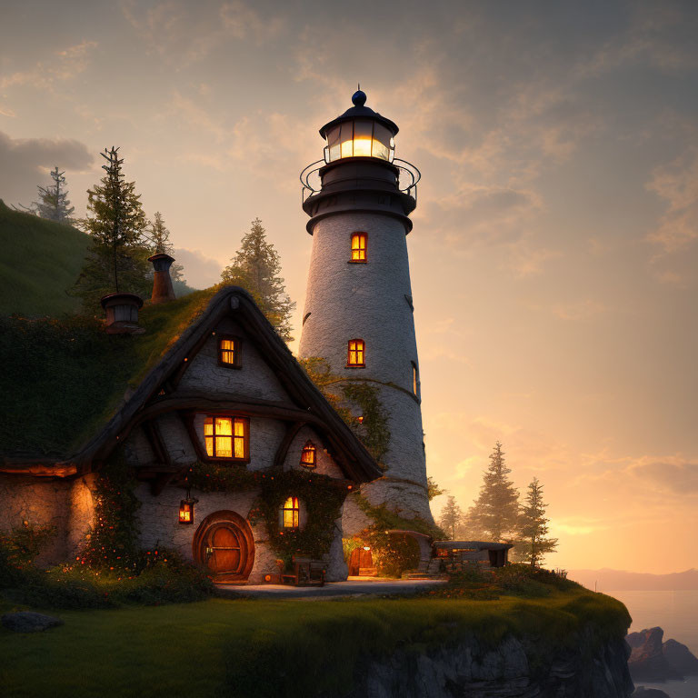 Charming lighthouse and cottage on seaside cliff at twilight