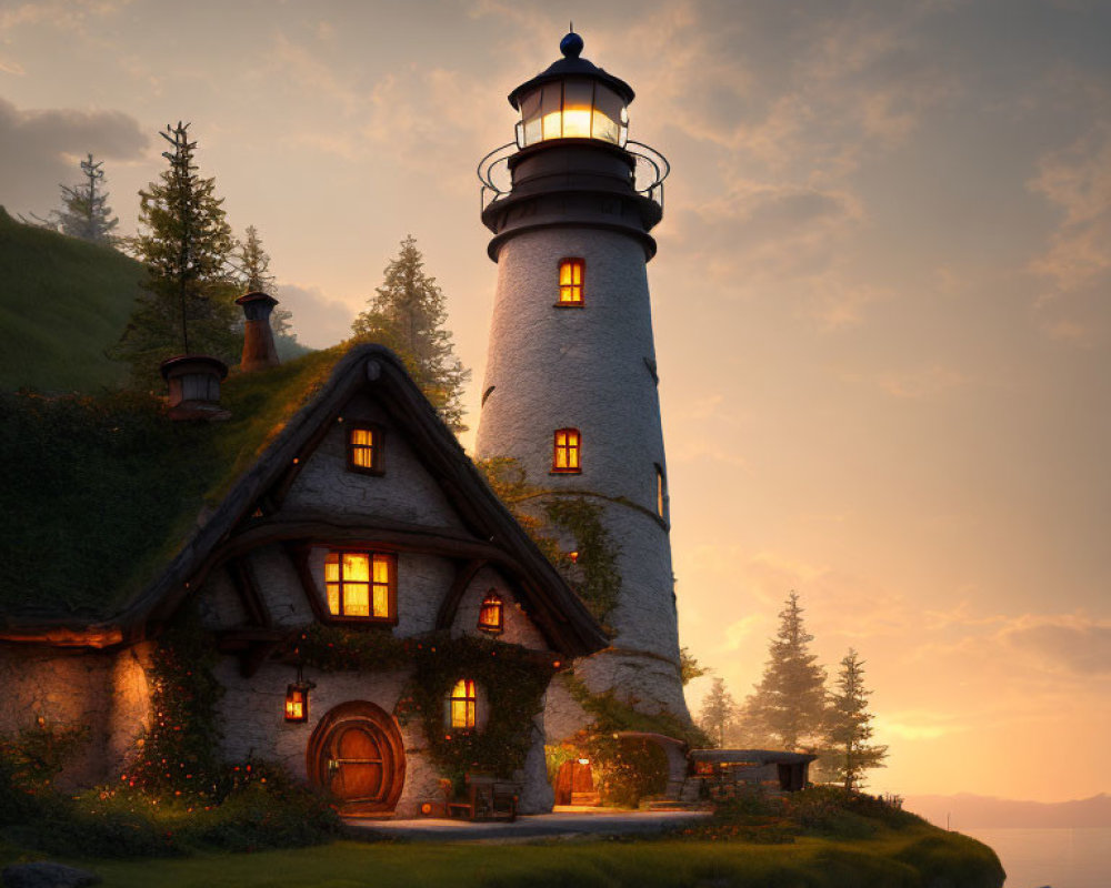 Charming lighthouse and cottage on seaside cliff at twilight