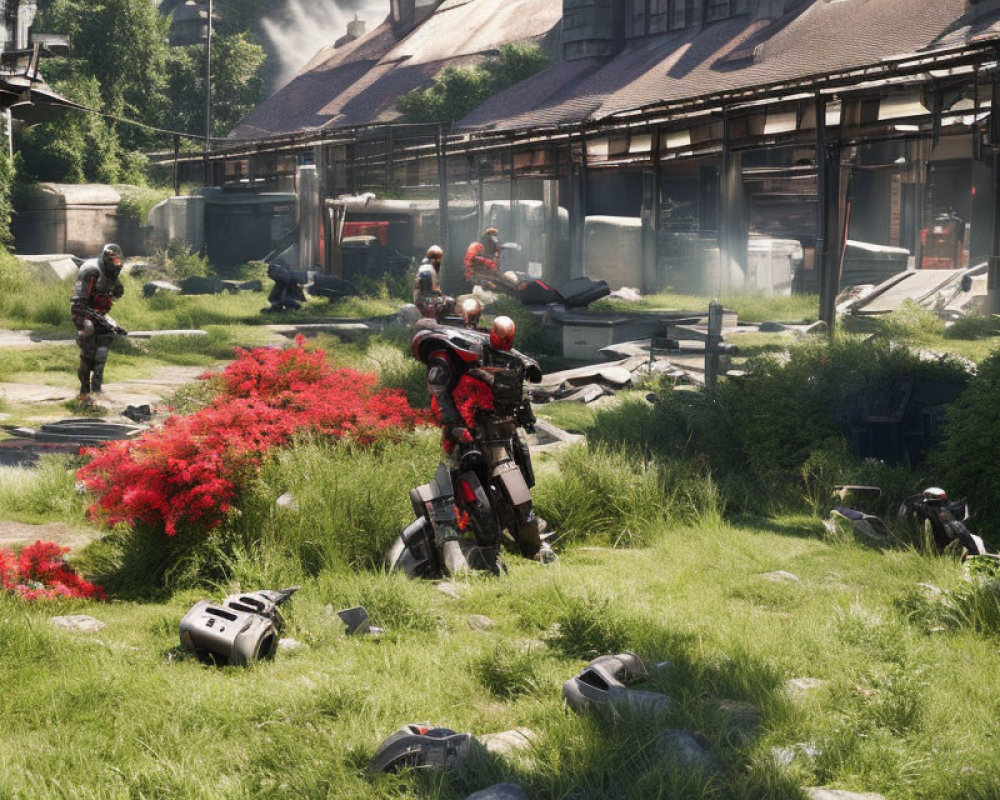 Military soldiers in camo gear patrol grassy area with industrial buildings, red foliage, and robot.