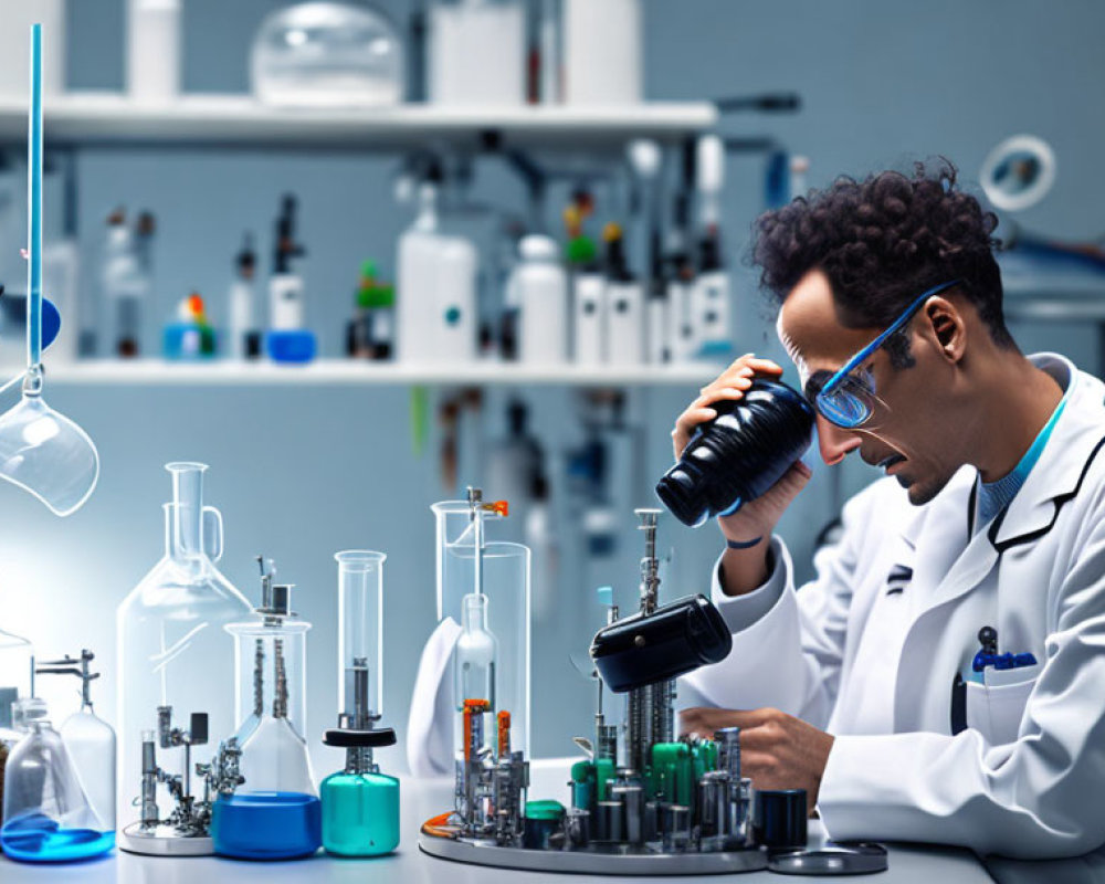 Scientist in lab coat and safety glasses conducting experiment with microscope.