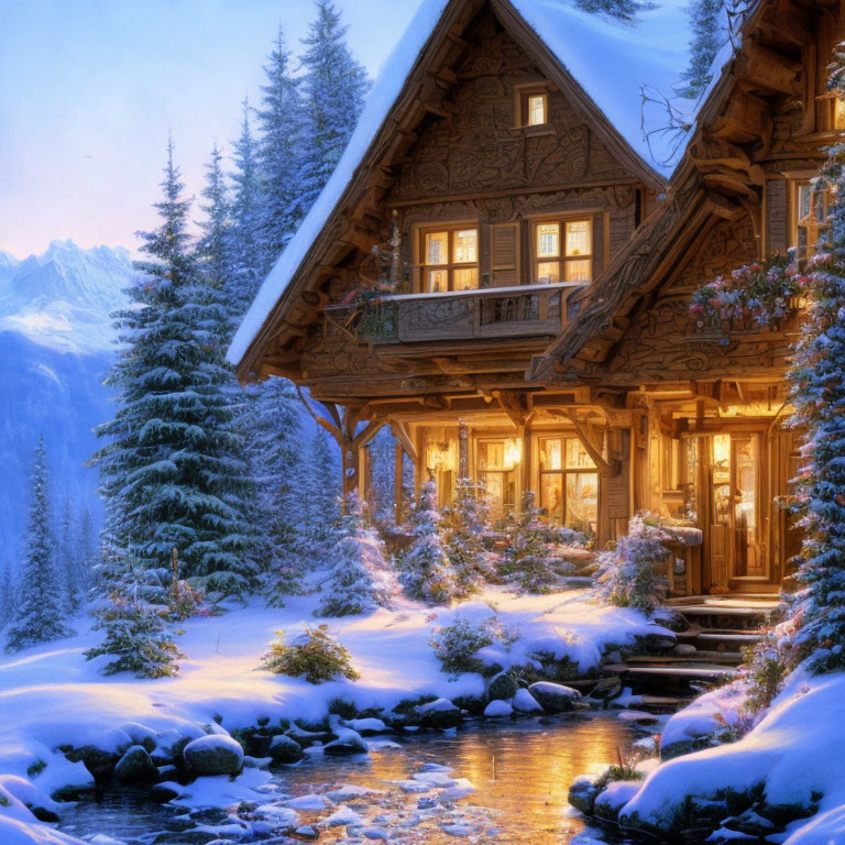 Snowy landscape with illuminated log cabin, pine trees, creek, and mountains at dusk