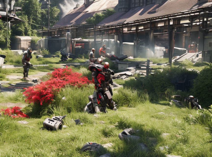 Military soldiers in camo gear patrol grassy area with industrial buildings, red foliage, and robot.