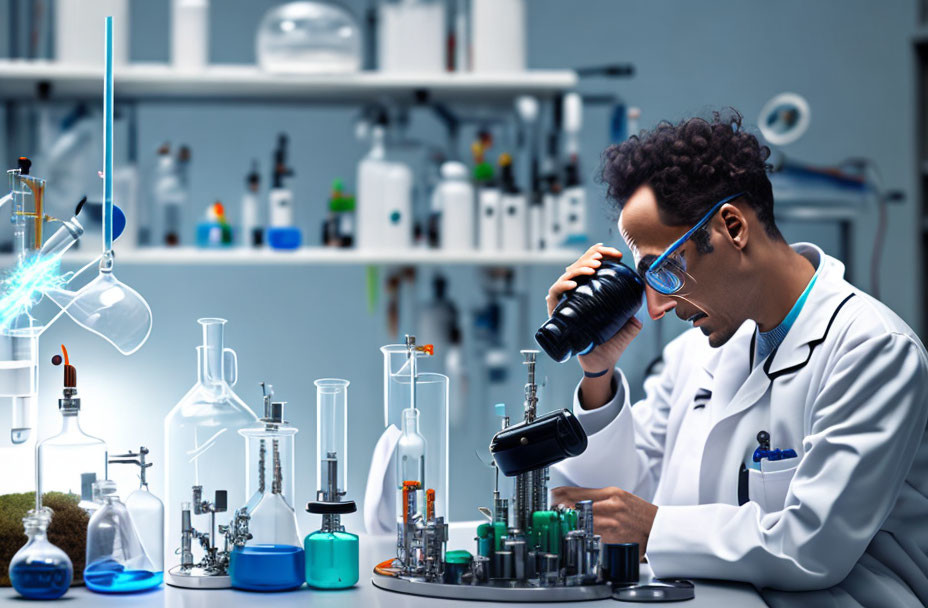 Scientist in lab coat and safety glasses conducting experiment with microscope.