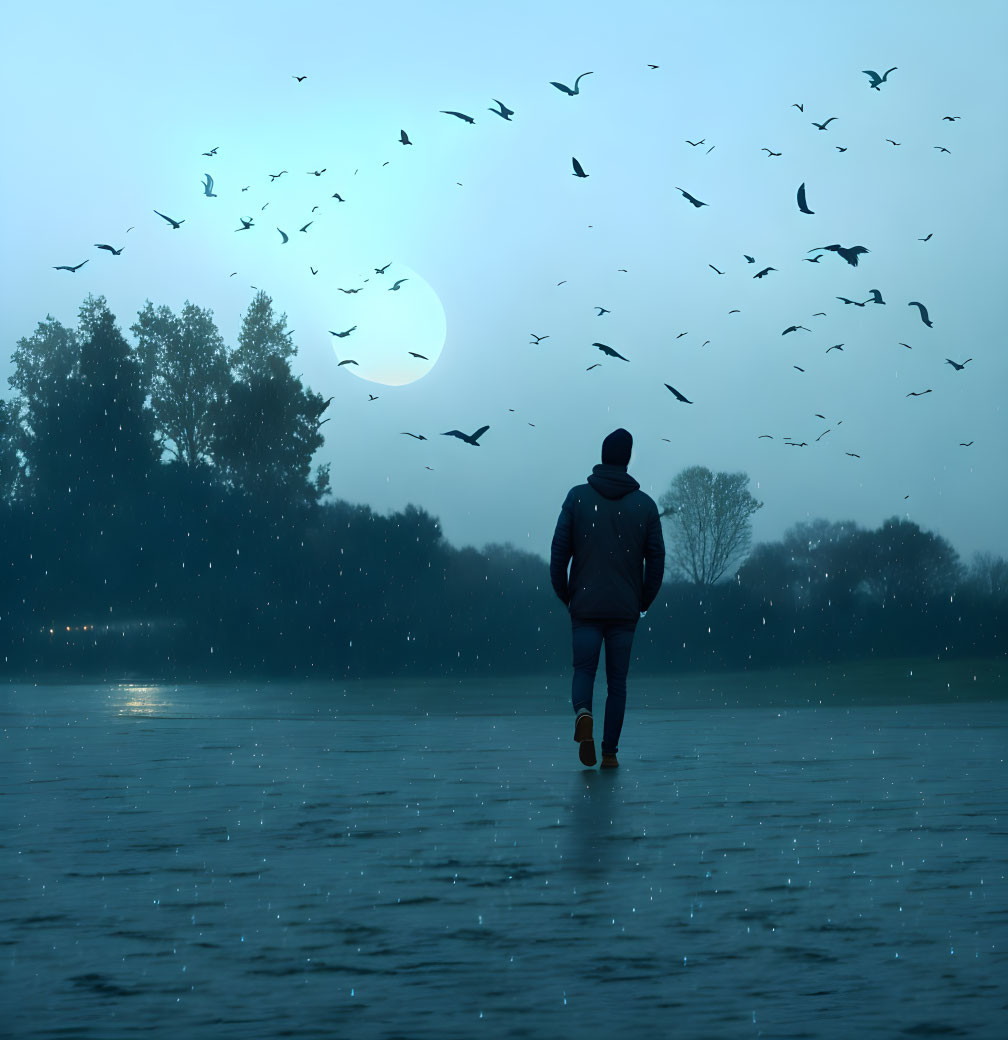 Person walking in frozen misty landscape with birds and moon at dawn or dusk