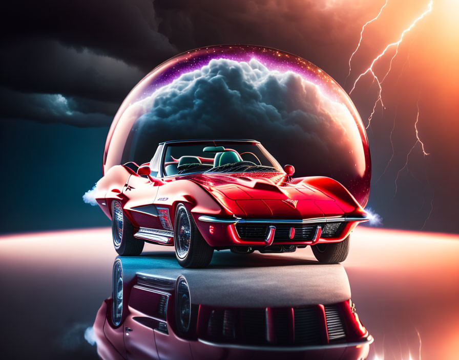 Vintage Red Corvette under Dramatic Sky with Cosmic Orb and Lightning