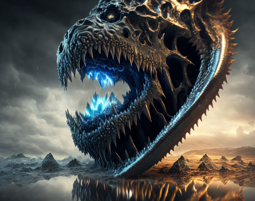 Majestic dragon breathing blue flames in stormy sky landscape