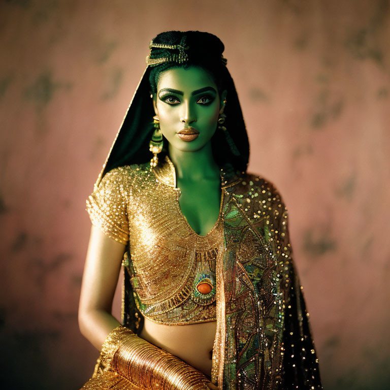 Elaborate Ancient Egyptian-Inspired Attire with Golden Accessories