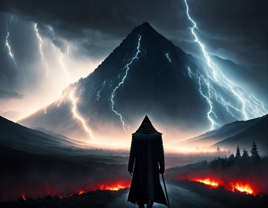 Cloaked Figure at Volcanic Mountain with Lightning and Lava Paths