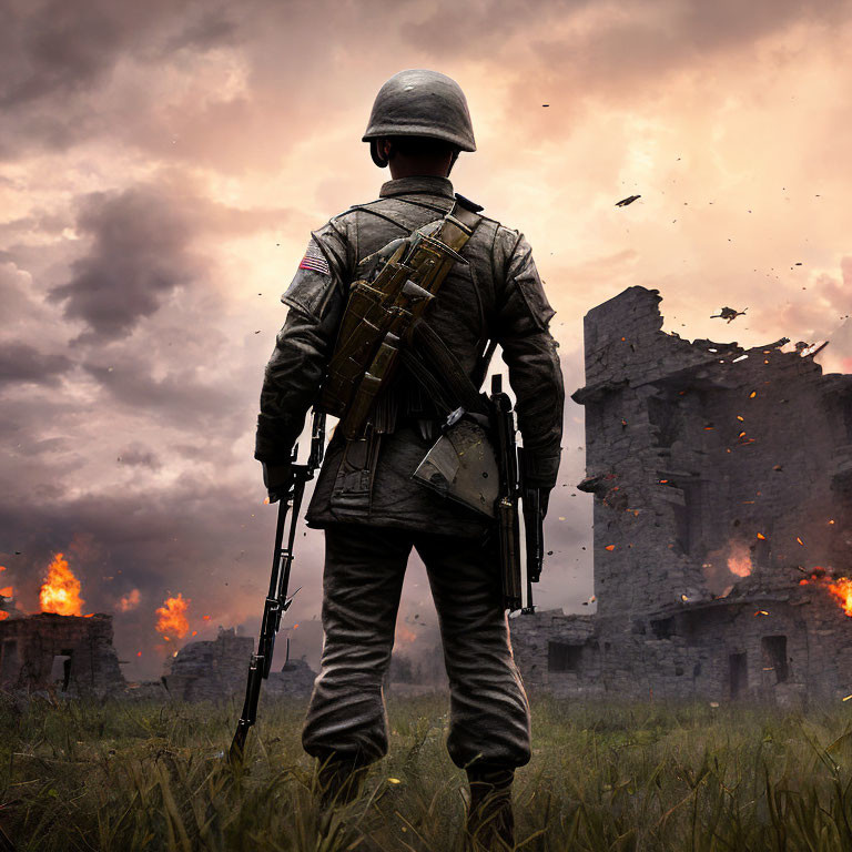 Military soldier standing in front of battlefield ruins and flames under cloudy sky